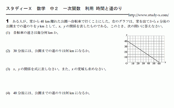 一次関数の利用 時間と道のり 無料学習プリント教材